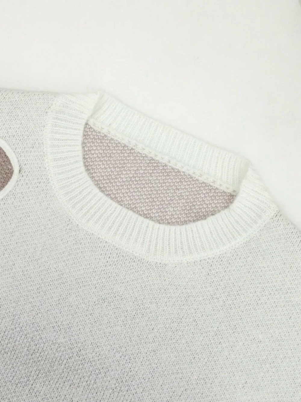 White Casual Women's Heart Jacquard Round Neck Loose Regular Fit Pullovers